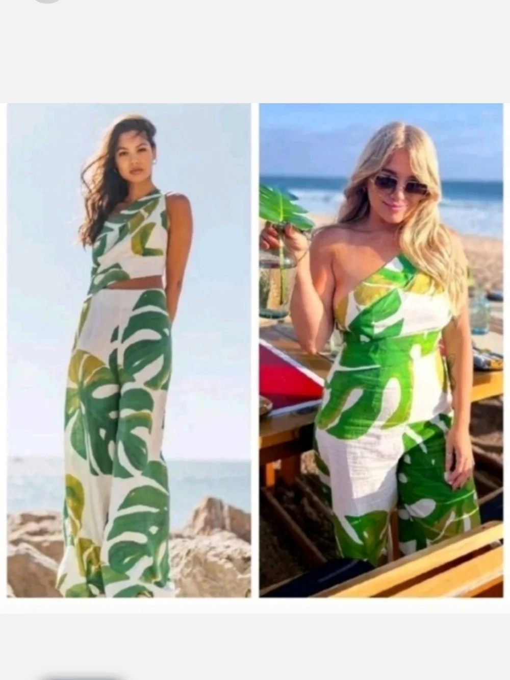 FARM Rio Green Tropical-Print One-Shoulder Jumpsuit